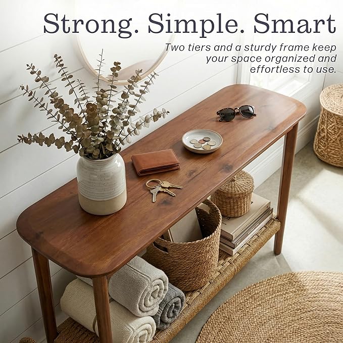 Alaterre Furniture Calais 48 Inch Solid Wood Entryway Table with Woven Storage Shelf – Mid Century Modern 2-Tier Sofa Table for Living Room, Hallway, or Foyer (Chestnut)