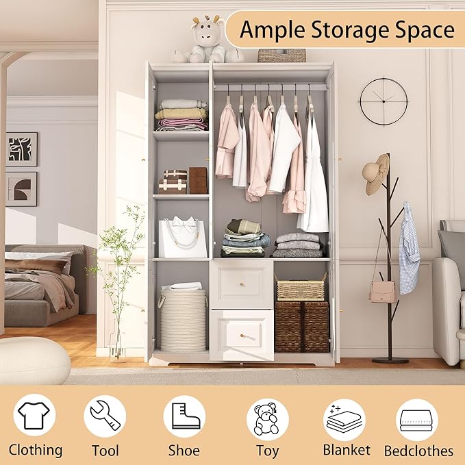 Bedroom Armoire Wardrobe Closet with Drawers: White Wardrobe Closet for Hanging Clothes, Large Wardrobes Storage Closets, Wood Closets Cabinets with Doors and Shelves (White, 47")