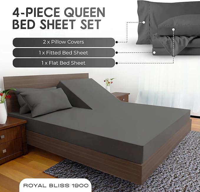 Split Top Queen Sheets for Adjustable Bed, 4-Pcs 36'' Flat, 1 Fitted Sheet & 2 Pillowcase – 16 Inch Deep Pocket, Ultra Soft, Wrinkle-Free Top Split Queen Sheets Set (Dark Grey)