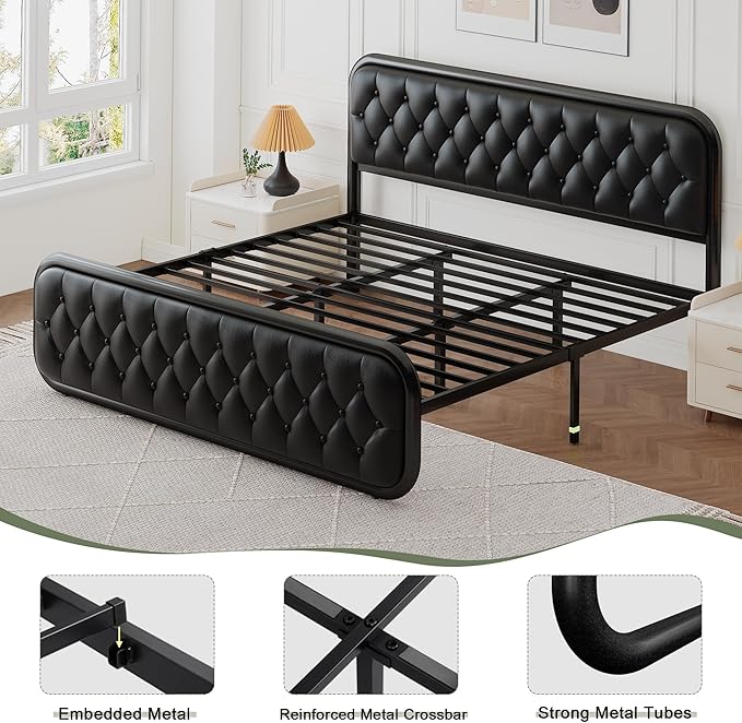 Feonase King Size Bed Frame, Upholstered Bed Frame with Faux Leather Headboard, Heavy Duty Platform Bed with Strong Metal Slats, 12 Inch Under-Bed Storage, Noise-Free, Easy Assembly, Matte Black