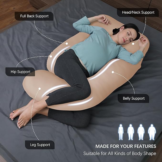MOON PARK Pregnancy Pillows for Sleeping - U Shaped Full Body Maternity Pillow with Removable Cover - Support for Back, Legs, Belly, Hips - 57 Inch - Brown - Cooling Cover