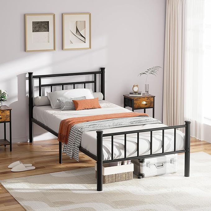 Shintenchi Twin Size Metal Platform Bed Frame with Headboard & Footboard, Steel Slat Mattress Foundation, Under Bed Storage, Noise-Free, No Box Spring Needed, Black Square