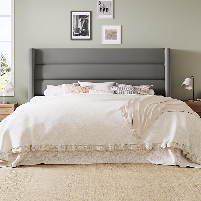 Allewie King Size Platform Bed Frame with Velvet Upholstered Wingback Headboard, No Box Spring Needed, Under Bed Storage Space, Strong Wooden Slats, Modern Mattress Foundation, Easy Assembly, Grey
