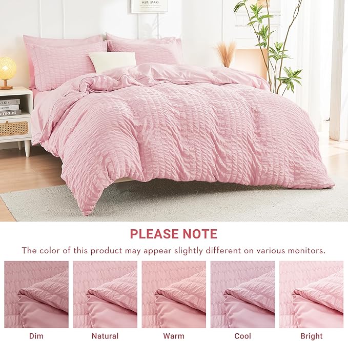 HYMOKEGE Pink Queen Comforter Set Seersucker 7 Pieces, All Season Luxury Bed in a Bag for Bedroom, Bedding Set with Comforters, Sheets, Pillowcases & Shams