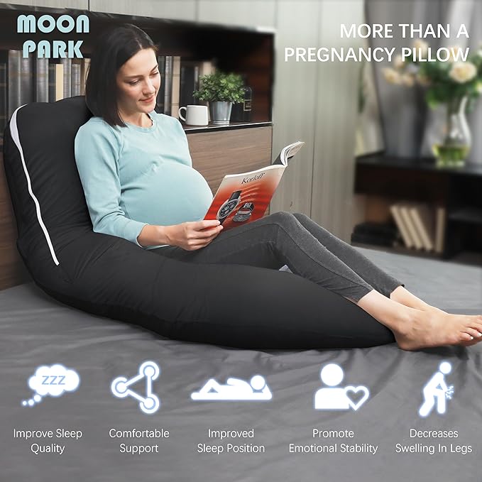 MOON PARK Pregnancy Pillows for Sleeping - U Shaped Full Body Maternity Pillow with Removable Cover - Support for Back, Legs, Belly, Hips - 57 Inch - Black - Cooling Cover