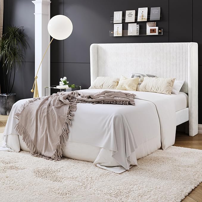 SHA CERLIN Queen Size Corduroy Upholstered Platform Bed Frame with Vertical Channel Tufted Wingback Headboard, 8" Under Bed Storage, Wooden Slats & Metal Frame Support, Easy Assembly, White