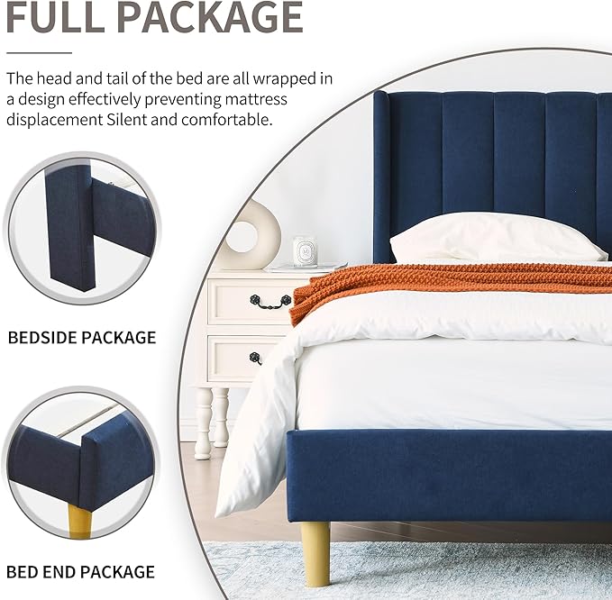 YUHUASHI upholstered Platform Bed Frame/Twin Bed Frame/Modern Geometric Double-Wing Design headboard/Linen Fabric/Easy to Assemble no Noise (Navy Blue, Twin)