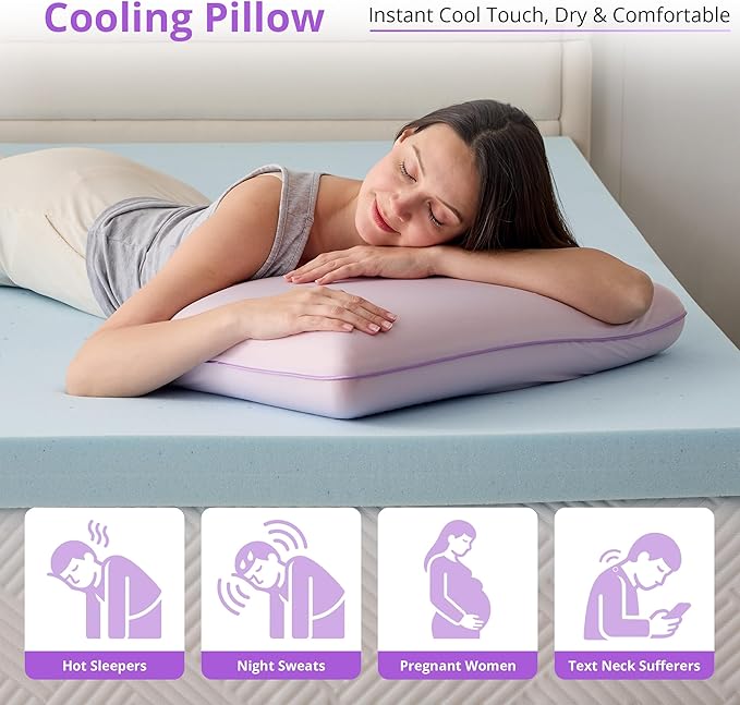 Gelsea Cooling Gel Memory Foam Pillow - Reversible Design, Neck Support for Side, Back, Stomach Sleepers, Standard Size, Removable & Machine Washable Cover, Pressure Relief for Hot Sleepers, Purple