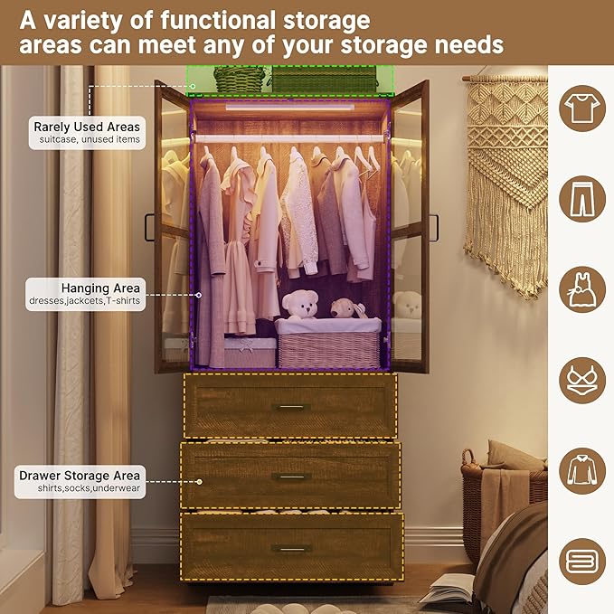 75" Tall Farmhouse 2 Doors Armoire Wardrobe Closet with 3 Drawers and LED,Freestanding Closet Wardrobe Cabinet for Bedroom with Hanging Rod,Wooden Armoire Storage Cabinet with Adjustable shelve(Brown)