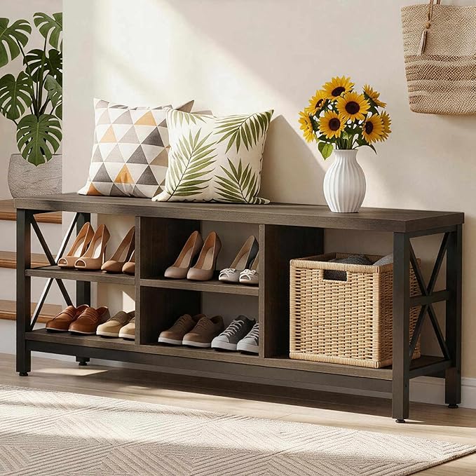 FATORRI Shoe Bench Entryway with Storage, Industrial Wood and Metal Hallway Benches with Adjustable Shelves, Rustic Entry Way Bench for Living Room (47.24 Inch Long, Walnut Brown)