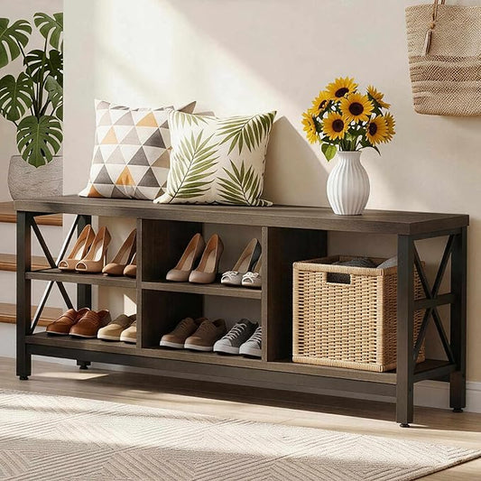 FATORRI Shoe Bench Entryway with Storage, Industrial Wood and Metal Hallway Benches with Adjustable Shelves, Rustic Entry Way Bench for Living Room (47.24 Inch Long, Walnut Brown)