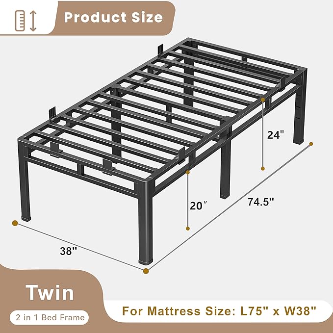 ROIL 24 Inch Twin Size Bed Frame, Metal Bed Frame & Box Spring 2 in 1 Platform with Round Corner Legs, 4000LBS Double Layer Bed Frame with Headboard Holes Mattress Baffles, Noise-Free Easy Assembly