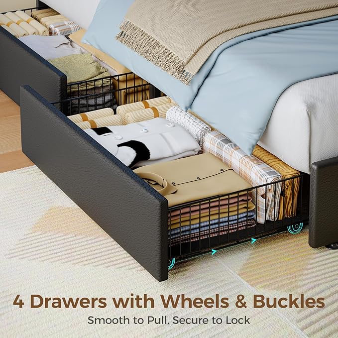 Rolanstar Twin Bed Frame with 4 Drawers and Charging Station,Twin Bed with Led Lights, 2 USB and 1 Type C, Adjustable Upholstered Headboard 38.9/40.8 Inches, Sturdy, No Box Spring Needed, Pure Black