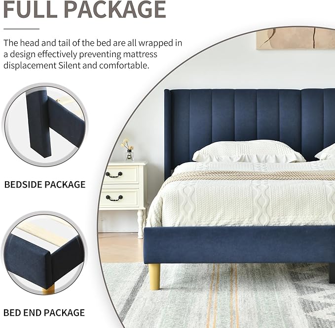 YUHUASHI upholstered Platform Bed Frame/King Bed Frame/Modern Geometric Double-Wing Design headboard/Linen Fabric/Easy to Assemble no Noise (Navy Blue, King (U.S. Standard))