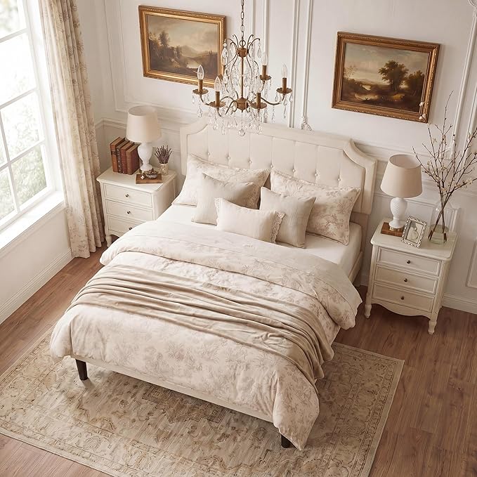 VECELO Queen Upholstered Platform Bed Frame with Adjustable Button Stitched Panel Headboard,Strong Wood Slat Support,Velcro Design,Mattress Foundation/Easy Assembly,Beige