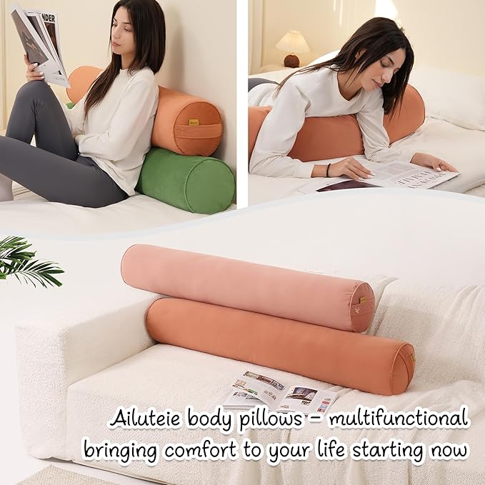 Body Pillow for Adults,Long Round Pillow,Big Cylindrical Pillow,Large Full Bolster Pillows for Side Sleepers (Amber Orange, 39.37"*7.87")