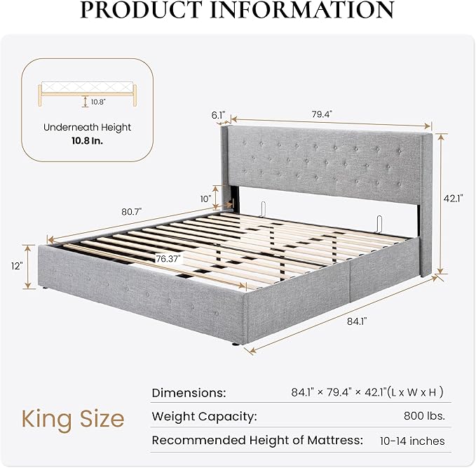 SHA CERLIN King Size Lift Up Storage Bed Frame,Button Tufted Wingback Headboard,Upholstered Platform,Hydraulic Storage,Wooden Slat Support,No Box Spring,Light Grey
