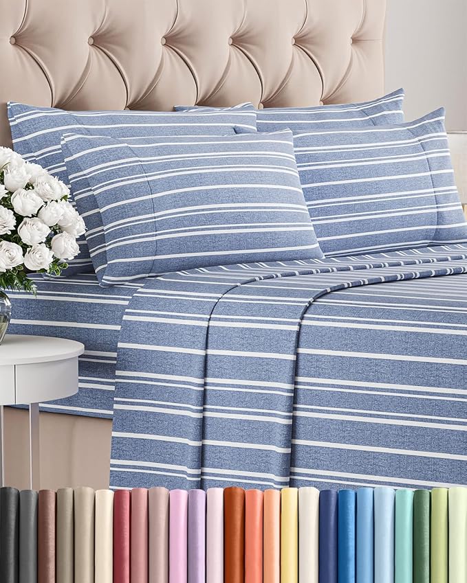 Cal King 6 Piece Sheet Set - Comfy, Breathable & Cooling - Soft Hotel Luxury Bedding for Women, Men, Kids, Teens & Children - 1 Flat & 1 Fitted Sheet & 4 Pillowcases w/ Deep Pockets - Blue Stripes 3
