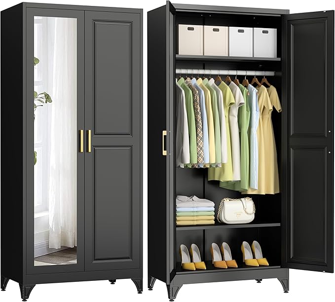 Polup Metal Armoire Wardrobe Closet with Mirror, 71" Tall Steel Clothing Storage Cabinet with 2 Doors, Hanging Rod and Adjustable Shelves, Freestanding Clothes Organizer for Bedroom, Office, Black