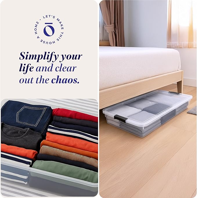 HOMZ 4-Pack Under Bed Storage, Clear Plastic Containers with Lids, 60 Quart, Gray Latch - Stackable Underbed Organizer Bins for Shoes, Bags, Clothes, and Towels