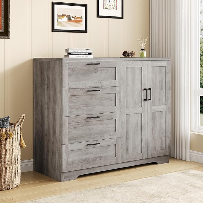 GarveeHome Multifunctional Wooden Dresser for Bedroom, 43.3 in H 2 Door Wardrobe Armoire Closet with 4 Drawers and Hanging Rod, Low Storage Cabinet for Hanging Cloth, Gray
