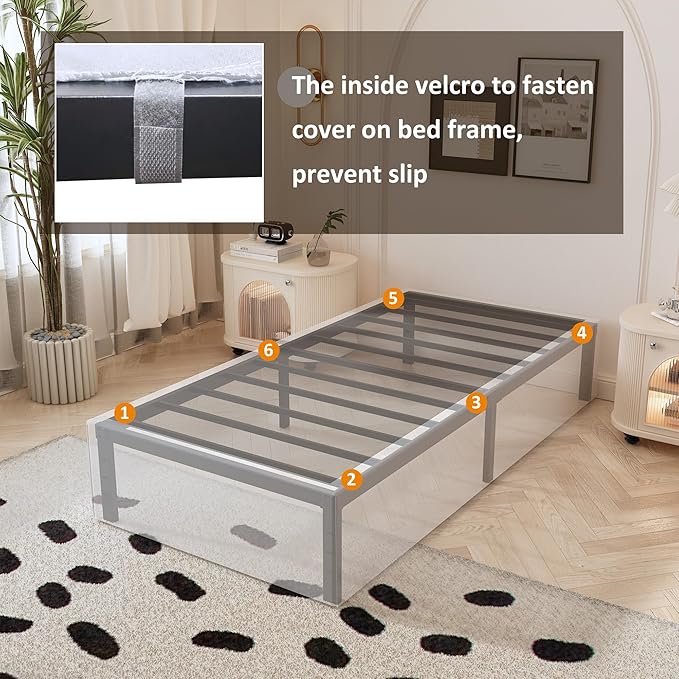 Maenizi Twin Bed Frame with White Fabric Cover 14 Inch, Heavy Duty Metal Bed Frame Twin, No Box Spring Needed, Support Up to 2500 lbs, Easy Assembly, Noise Free, Black