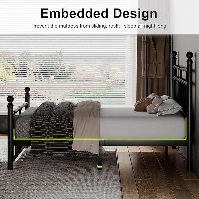 Feonase Queen Metal Platform Bed Frame with Victorian Classic Iron-Art Headboard & Footboard, Steel Slats Support, 12" Under Bed Storage, No Box Spring Needed, Noise-Free, Black
