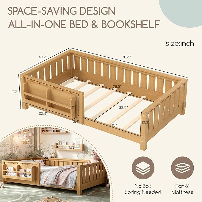 Bellemave Twin Floor Bed Frame with Fence & Bookshelf, Solid Pine Wood Twin Montessori Floor Bed with Slats Load 300LBS, Low Profile Floor Bed for Kids, Nursery, Bedroom, Easy Assembly, Natural