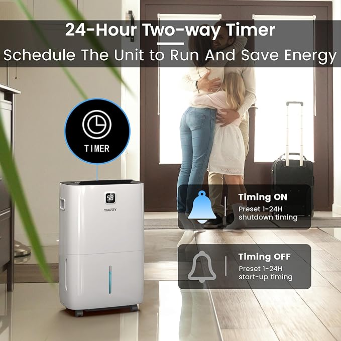 Yaufey 150 Pints Dehumidifier for Home, Basement and Large Room up to 7000 Sq. Ft., with Drain Hose, Timer, Intelligent Humidity Control and Large Water Tank