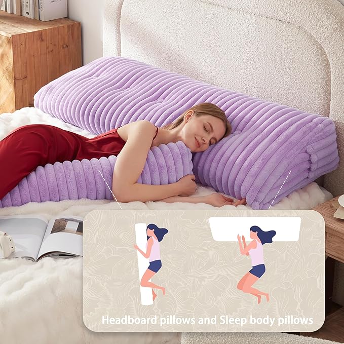 Headboard Pillow + A Long Neck Roll Pillow Body Pillow，Faux Fur Headboard Wedge Pillow with Removable Cover (Purple, King：76x8x20 inches)