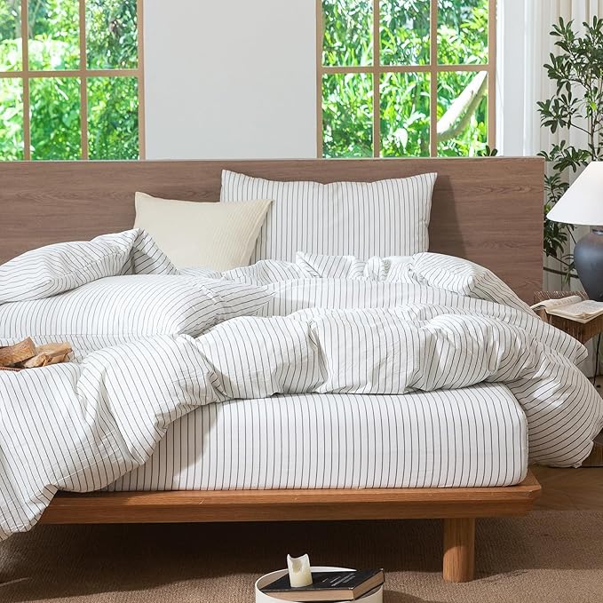 MooMee Striped Duvet Cover Set 100% Washed Cotton Linen Like Textured Breathable Durable Soft Comfy (White Heathered Green Wide Stripes, Oversized Queen 98"x98")