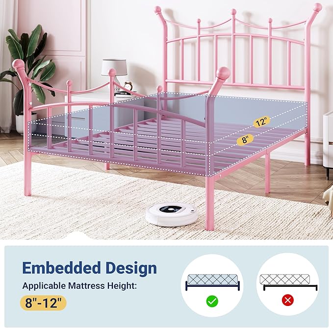 Allewie 14 Inches Twin Size Metal Platform Bed Frame with Elegant Crown Iron-Art Headboard & Footboard, Sturdy Mattress Foundation with Under-Bed Storage, Easy Assembly, No Box Spring Needed, Pink