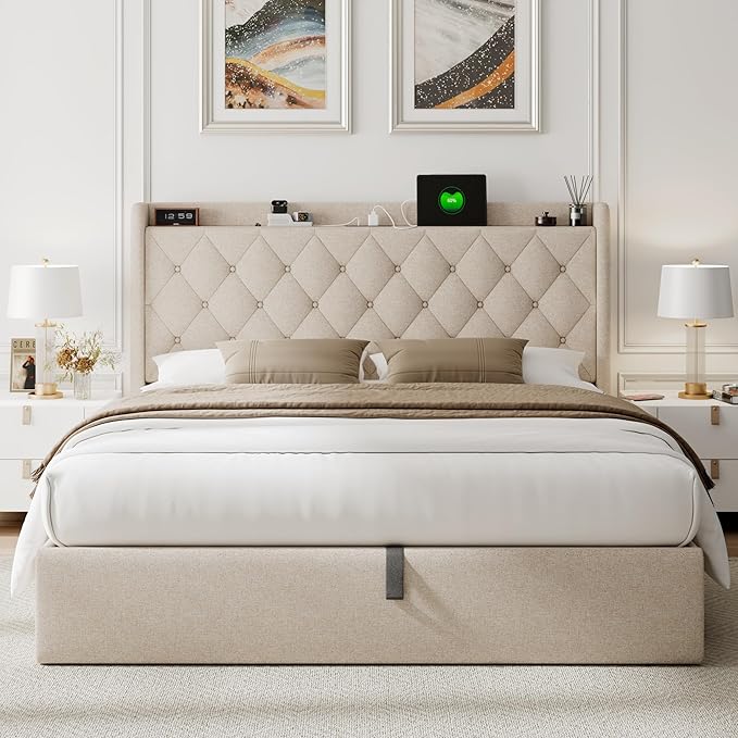 Feonase Full Size Bed Frame with Storage & Charging Station - Hydraulic Lift Up Platform Bed, Upholstered Button Tufted Headboard, Sturdy Wooden Slats, Noise-Free, No Box Spring Needed,Beige