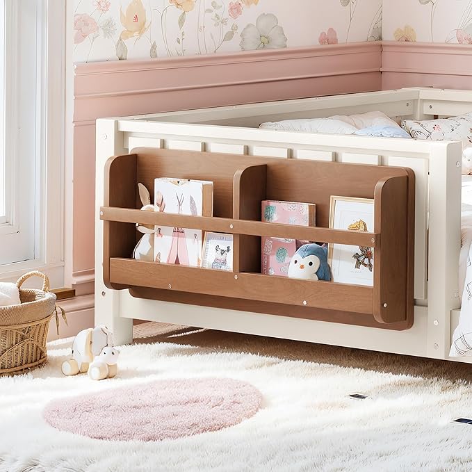 Bellemave Twin Size Kids Montessori Bed with Bookshelf,Solid Wood Twin Floor Bed Frame with Fence and Slats for Girls Boys,Low-Profile,Beige