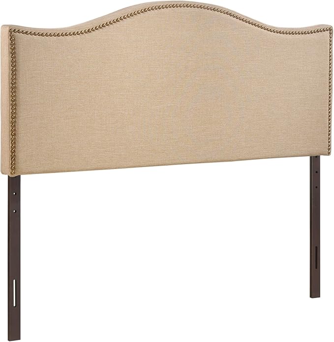 Modway Curl Linen Fabric Upholstered Queen Headboard with Nailhead Trim and Curved Shape in Café