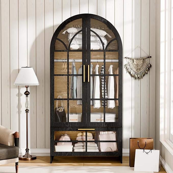 Armoire Wardrobe Closet with Drawer, 71”Tall Arched Wardrobe Cabinet with Hanging Rod&Glass Door – Wooden Freestanding Clothing Storage Cabinet Closet Organizer for Bedroom, Entryway or Dorm