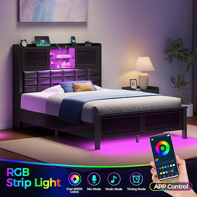 Rolanstar Bed Frame Twin Size with Charging Station, Bookcase Headboard Bed with LED Light and Sliding Doors, Platform Bed with Wooden Slats, No Box Spring Needed, Noise Free, Black