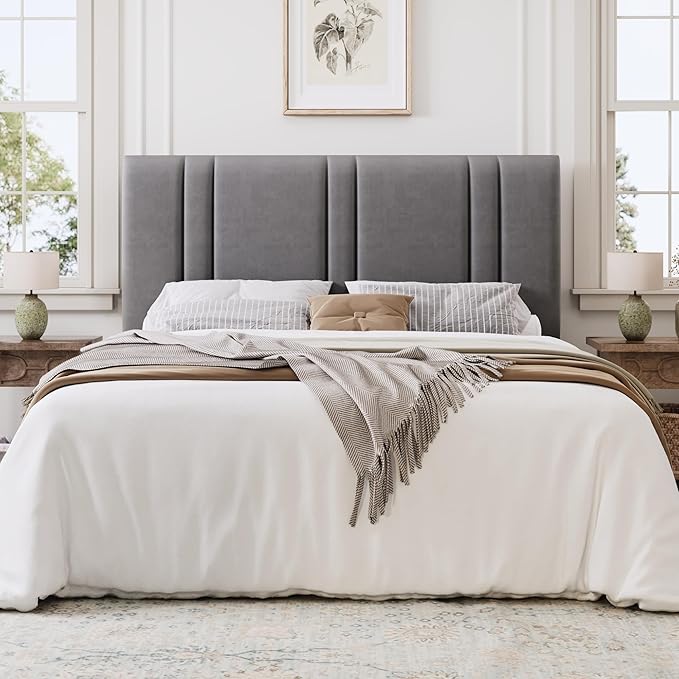 SHA CERLIN Full Size Platform Bed Frame, Velvet Upholstered Bed with Adjustable Headboard, Vertical Channel Tufted Design, Sturdy Wood Slat Support, No Box Spring Needed, Easy Assembly, Light Grey
