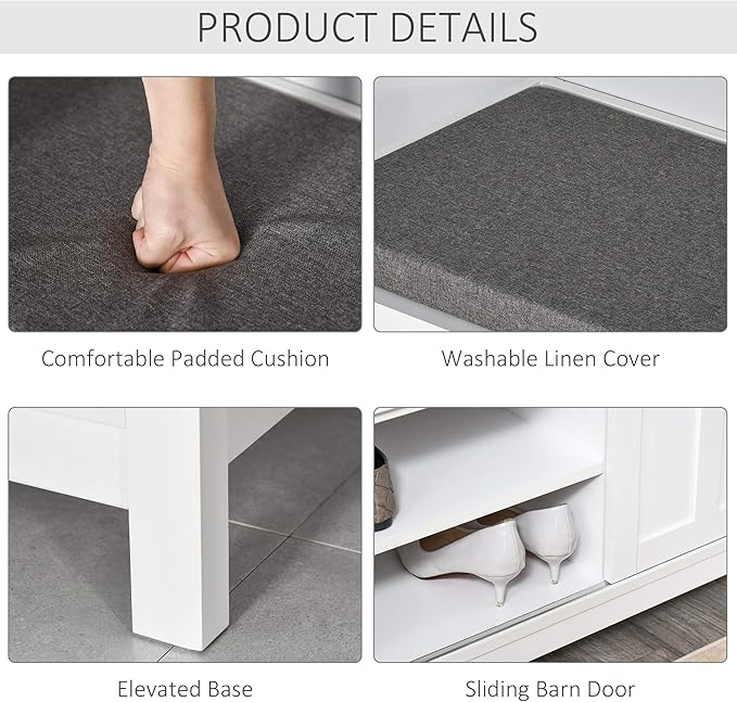 HOMCOM Entryway Shoe Bench Storage Ottoman with Sliding Doors, Adjustable Shelving, 6 Compartments, and Padded Seat, Holds 10 Pairs, White