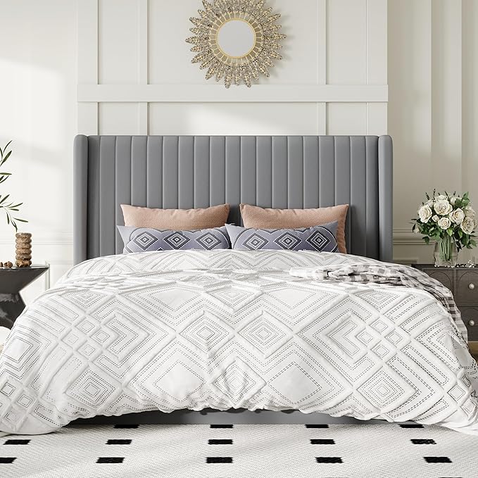 Allewie Queen Size Lift Up Storage Bed Frame, Hydraulic Support System, Upholstered Platform Bed Frame, Underneath Storage, Vertical Channel Tufted Headboard with Wingback, No Box Spring Needed, Grey