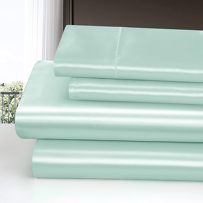 Homiest 4pcs Satin Sheets Set Luxury Silky Satin Bedding Set with Deep Pocket, 1 Fitted Sheet + 1 Flat Sheet + 2 Pillowcases (Full Size, Mint Green)