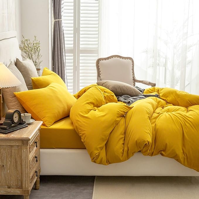 PURE ERA Jersey Knit Duvet Cover Set 100% T-Shirt Cotton Super Soft Comfy 3pc Bedding Set with Zipper Closure (Solid Yellow, King)