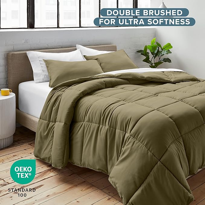 Bare Home Comforter Set - Oversized Queen Size - Ultra-Soft - Goose Down Alternative - Premium 1800 Series - All Season Warmth (Oversized Queen, Olive)