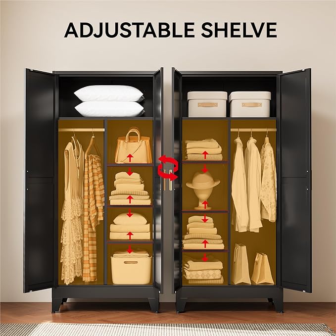 COFaR Black Metal Wardrobe Closet, Reversible 2-Section Design with Hanging Rod & Adjustable Shelves, 71" Freestanding Armoire Cabinet with Top Storage Space