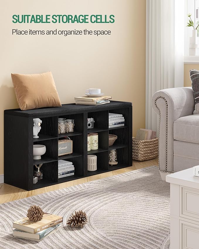 Hzuaneri Shoe Bench with Cushion, Entryway Storage Bench with 12 Cubbies, Cubby Shoe Rack with Adjustable Shelves, Shoe Organizer Cabinet for Living Room, Bedroom, Entryway, Black SB19004GY