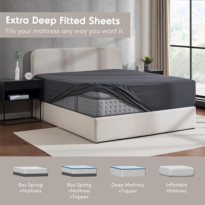Nestl 2 Pack Dark Grey Fitted Sheet Extra Deep Pocket, Hotel Luxury Cal King Fitted Sheet Only Easily Fits 18 to 24 Inch Mattress, Super Soft, Wrinkle-Free and Breathable with Corner Straps