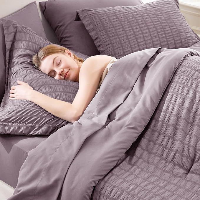 CozyLux Oversized Queen Comforter Set Dusty Purple Seersucker 7 Pieces 98x98 Bed in a Bag Comforter Set with Sheets, Grayish Purple Bedding Set Down Alternative Comforter, Sheets, Pillowcases & Shams