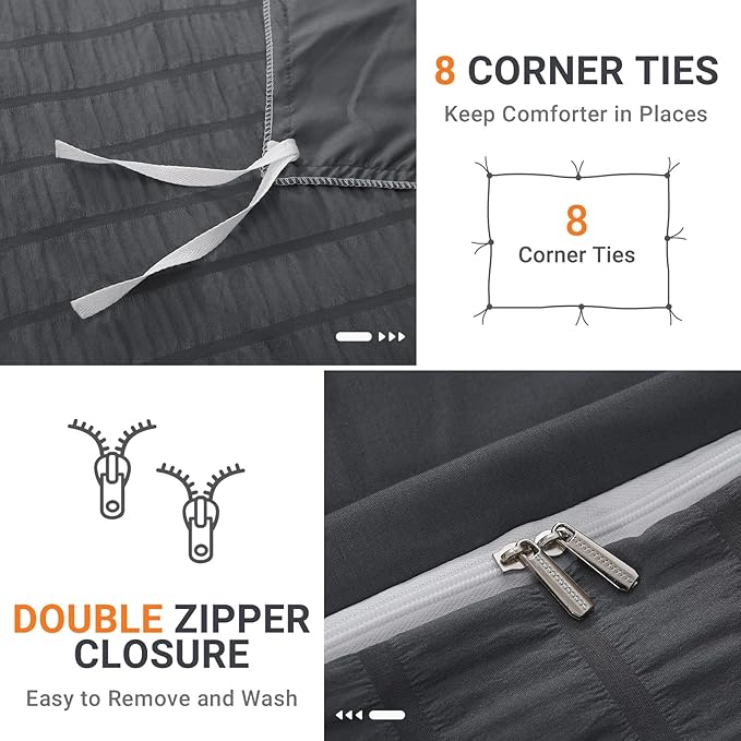 HYMOKEGE Dark Grey Duvet Cover Full Size, Ultra Soft 3-Piece Seersucker Duvet Cover Set with Zipper Closure, Soft Brushed Microfiber Bedding Set with 8 Corner Ties (80"x90", 2 Pillowshams)