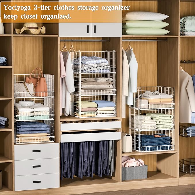 Yociyoga Closet Organizers and Storage Basket- 3-Tier Stackable Storage Bins, Foldable Closet Shelf Organizer Basket, Stackable Clothes Organizers Shelves for Home Organizer System(Patent 30022416)