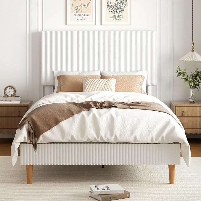 Full Size Bed Frame, Upholstered Platform Bed with Adjustable Headboard, Vertical Fluted Tufted, Soft Corduroy Fabric, Wooden Slats Support, No Box Spring Needed, Easy Assembly, Brown